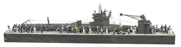CUSTOM-MADE GERMAN U-BOAT MODEL AT PORT WITH SOLDIER FIGURES IN WOODEN CRATE