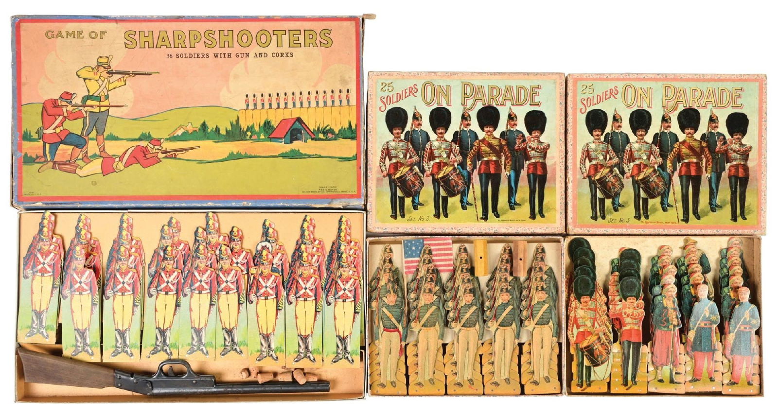PAPER TOY SOLDIER SETS IN BOXES: (A) McLoughlin 25 Soldiers on Parade Set No. 3 chromolithographed. 24 pieces. (B) McLoughlin 25 Soldiers on Parade Set No. 3 West Point Cadets. 28 pieces. (C) Milton Bradley Game of Sharpshooters. 36