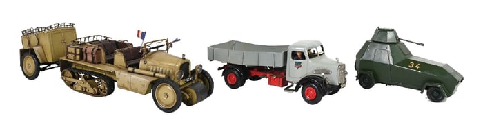 LOT OF 4: VINTAGE TOY MILITARY TRUCKS AND TANK