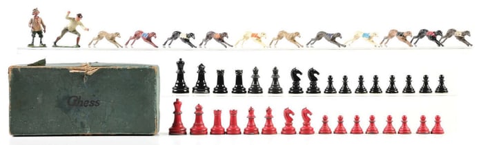 CHESS SET, VILLAGE IDIOT, & GREYHOUND RACER FIGURES