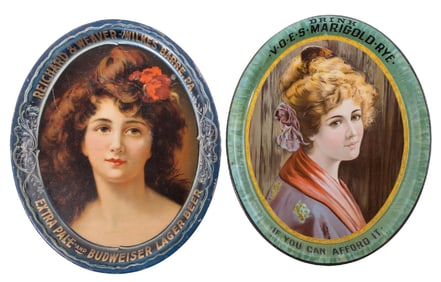 LOT OF 2 WOMAN ON BUDWEISER AND WOMAN ON V.O.E.S MARIGOLD RYE OLD TIN SIGNS