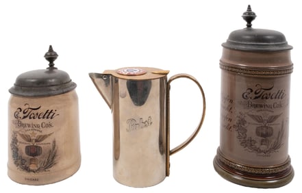 COLLECTION OF 3 VINTAGE BEER STEINS AND TAPSTER