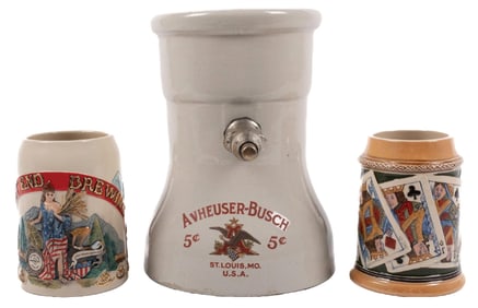 COLLECTION OF 3 ANHEUSER BUSCH DISPENSER WITH 2 MUGS