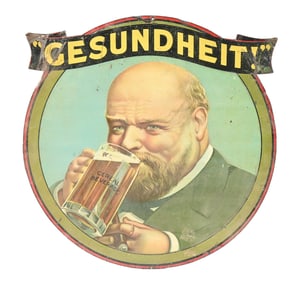 GESUNDHEIT! CEREAL BEVERAGE DIE-CUT TIN LITHOGRAPH SIGN