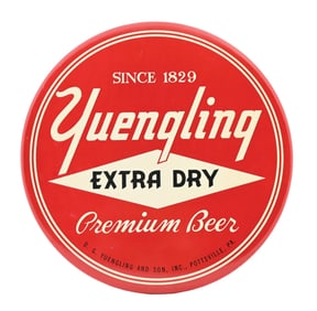 YUENGLING EXTRA DRY PREMIUM BEER TIN OVER CARDBOARD BUTTON SIGN