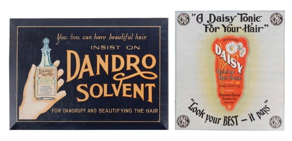 LOT OF 2 DAISY HAIR TONIC AND DANDRO SOLVENT SIGNS