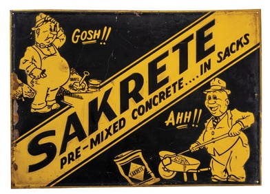 SINGLE-SIDED TIN ROLLED EDGE EMBOSSED SIGN ADVERTISING SAKRETE MIXED CONCRETE