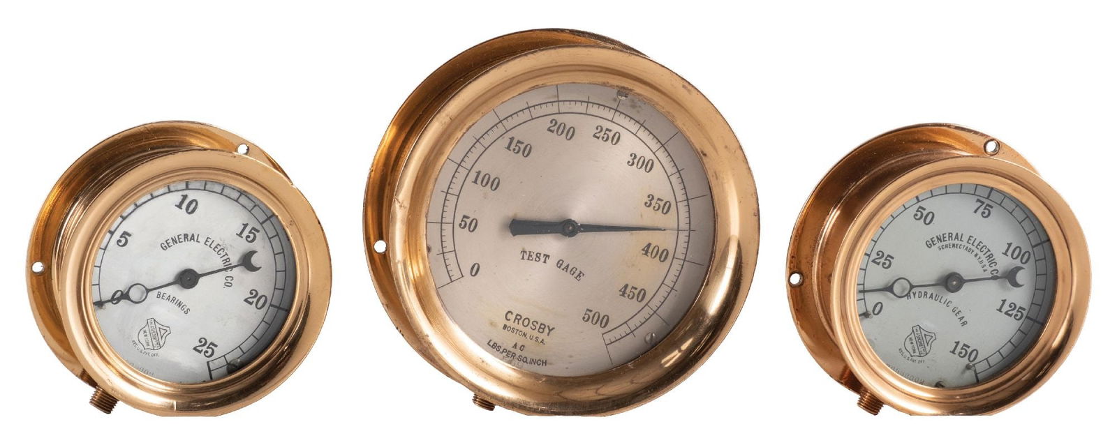 COLLECTION OF 3 BRASS GAUGES: CONDITION: (A) Marked "General Electric Company for Bearings", made by the Ashcroft Manufacturing Company out of New York. It shows polished brass, with no breaks or repairs. It shows light denting to