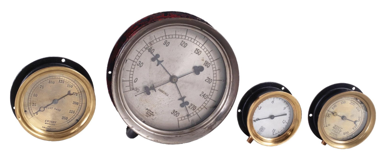 COLLECTION OF 4 GAUGES: CONDITION: (A) A Crosby Manufacturing out of Boston USA Test Gauge. It has a cast iron backing with a brass bezel. Not polished, and showing one dent at the 8 o'clock on the bezel. (Very Good). (B) An