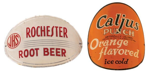 PAIR OF BARREL DISPENSER TIN SIGNS