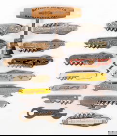 COLLECTION OF 15 MISC SWISS ARMY KNIVES AND CORK SCREW ADVERTISING