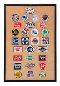 FRAMED COLLECTION OF 28 SMALL REPLICA RAILROAD SIGNS