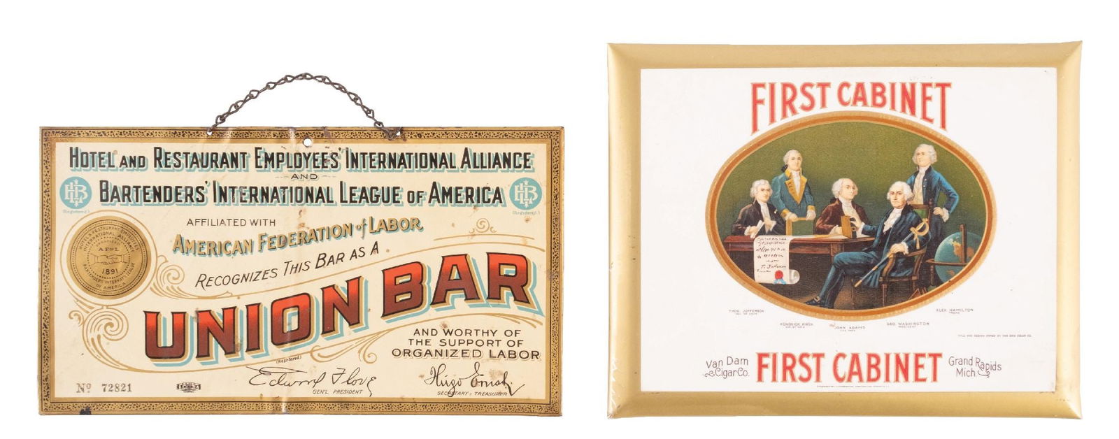 PAIR OF TIN & CELLULOID OVER CARDBOARD SIGNS (1 of 2)