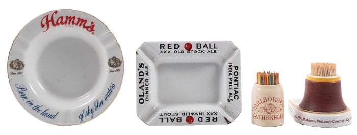 COLLECTION OF 4 ADVERTISING ASHTRAYS AND TOOTHPICK HOLDERS