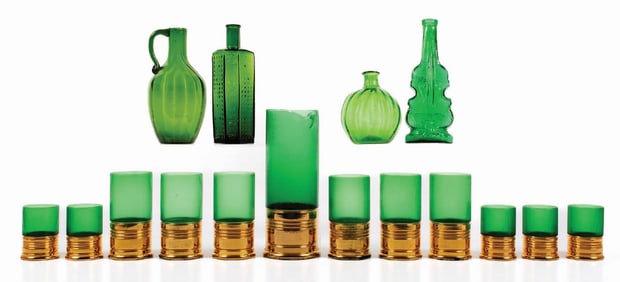 COLLECTION OF 16 GREEN GLASSWARE PIECES