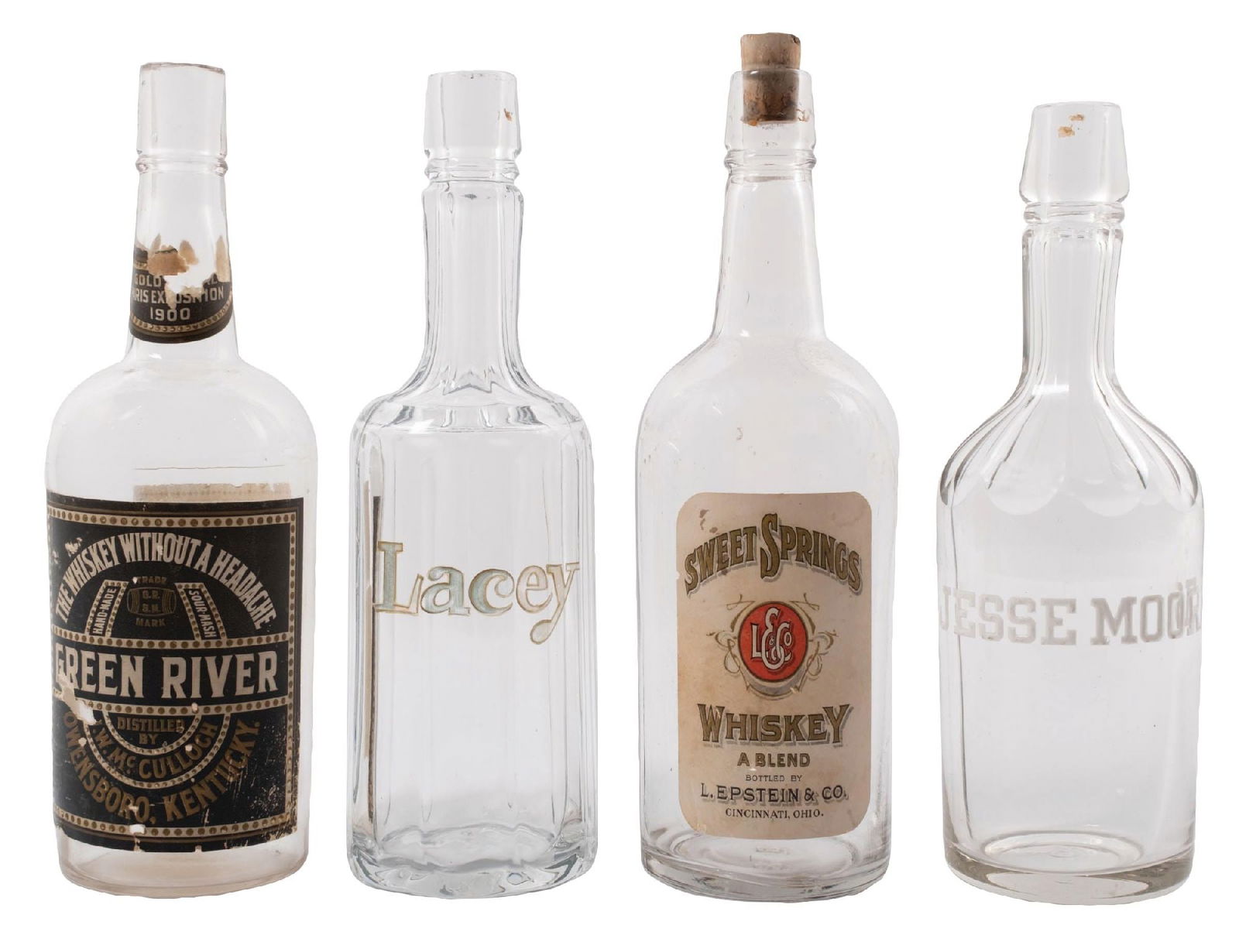 COLLECTION OF 4 VINTAGE CLEAR ALCOHOL BOTTLES 2 WITH PAPER FACE MARKINGS (1 of 5)