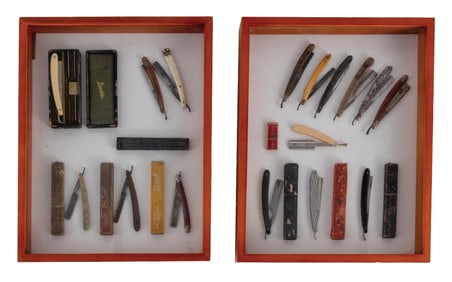 PAIR OF FRAMED SHADOW BOX BARBER DISPLAYS WITH STRAIGHT RAZORS