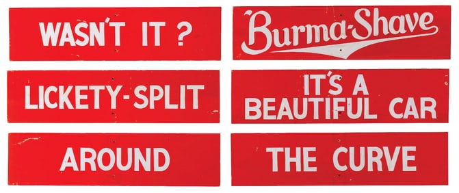 6-PIECE WOODEN ROADSIDE BURMA-SHAVE ADVERTISING SIGNS
