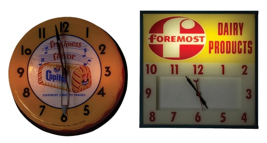 PAIR OF ADVERTISING WALL CLOCKS