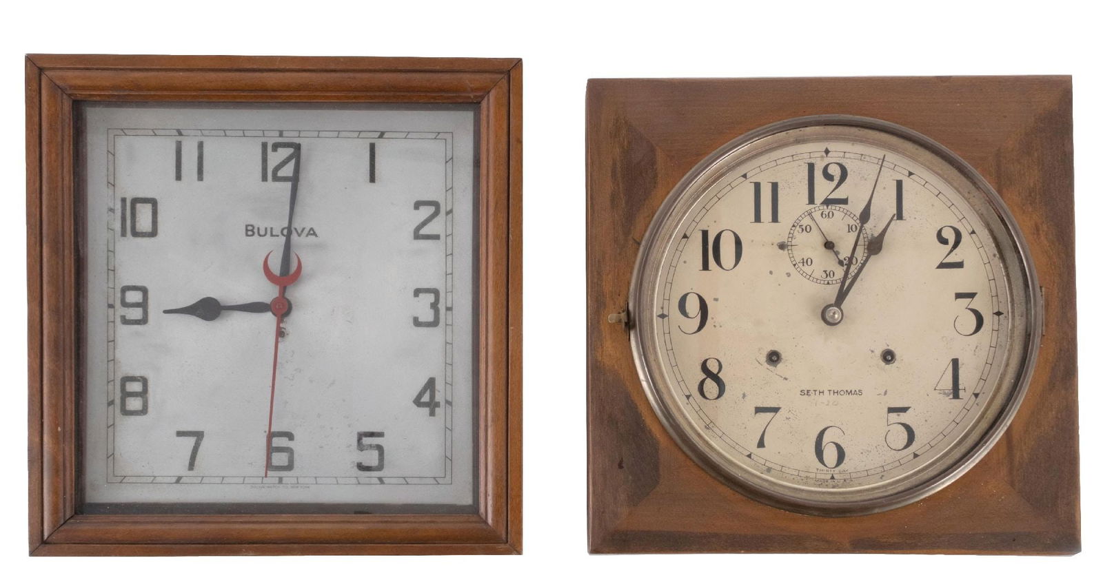 PAIR OF WOODEN WALL CLOCKS: CONDITION: (A) A wooden Bulova clock. It has original face, hands, wood box, and cord. Currently not operational. It shows light wear throughout (Good). (B) A Seth Thomas wall clock with a second hand