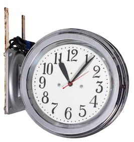 DOUBLE SIDED FLANGE WALL CLOCK IN MID-CENTURY STYLING