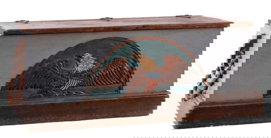 WOODEN BLANKET CHEST WITH CARVED EAGLE FRONT