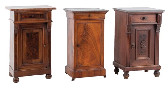 COLLECTION OF 3 WOODEN DISPLAY STANDS W/ MARBLE TOPS