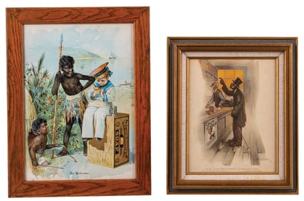 PAIR OF FRAMED BLACK MEMORABILIA ADVERTISEMENTS