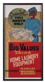 FRAMED CARDBOARD ADVERTISEMENT FOR BIG VALUES HOME LAUNDRY EQUIPMENT