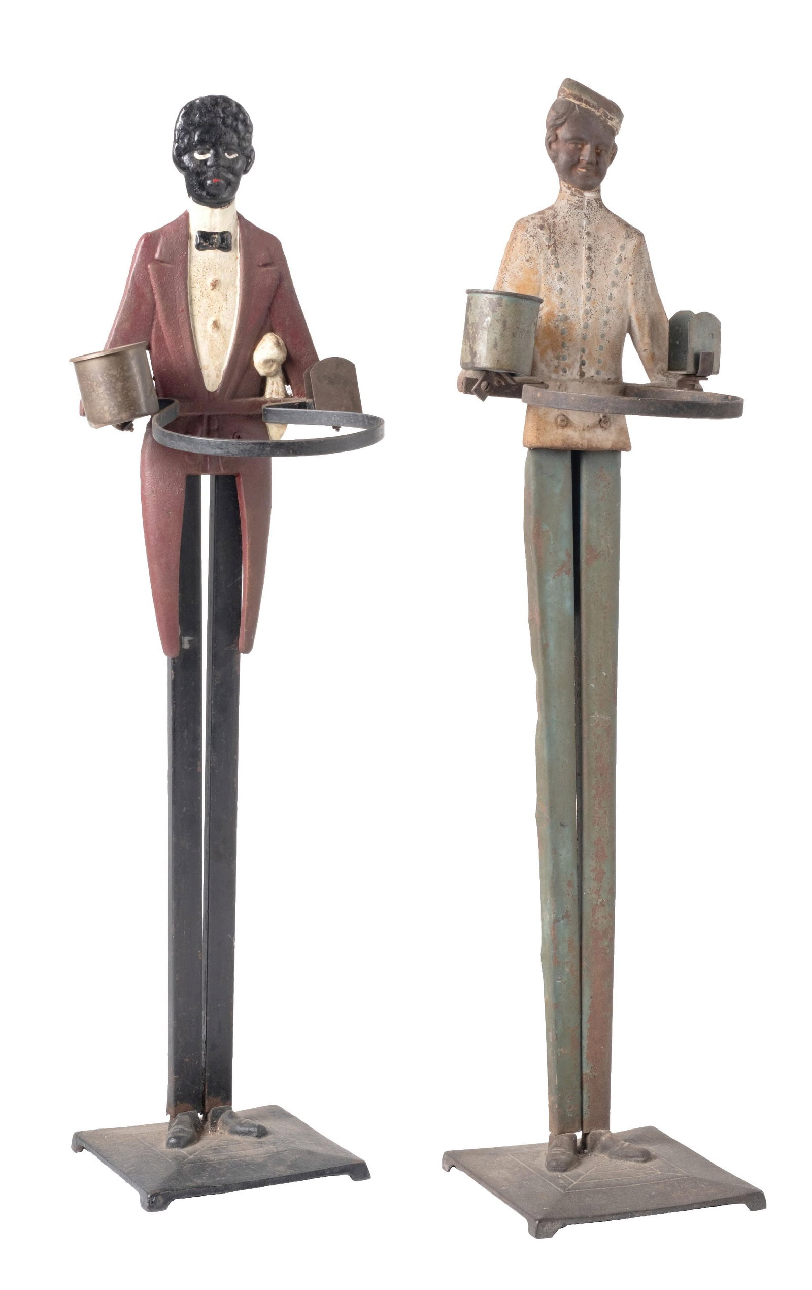 PAIR OF CAST IRON CIGAR BUTLERS: CONDITION: (A) A cast iron cigar butler in original paint, with an area for cigars, matches, and an area where the ashtray would normally be, there is no ashtray present. It shows all original wear, s