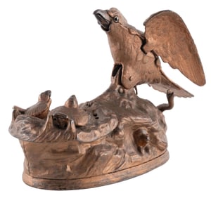 MOTHER BIRD FEEDING BABIES MECHANICAL BANK