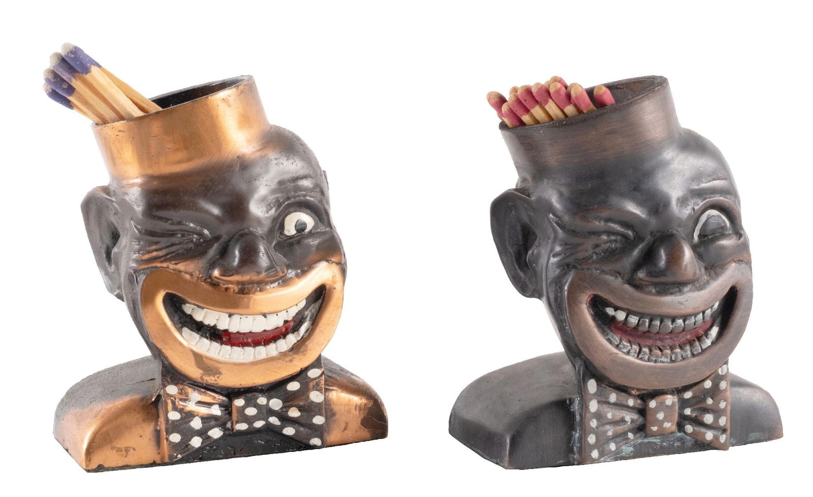 PAIR OF BLACK AMERICANA CHICKEN INN MATCH & TOOTHPICK HOLDERS: CONDITION: (A) Cast iron construction, with felt bottom showing original paint. No breaks, cracks, or repairs. (B) Brass, showing some original finish. No breaks, cracks, or repairs. Condition: (Very