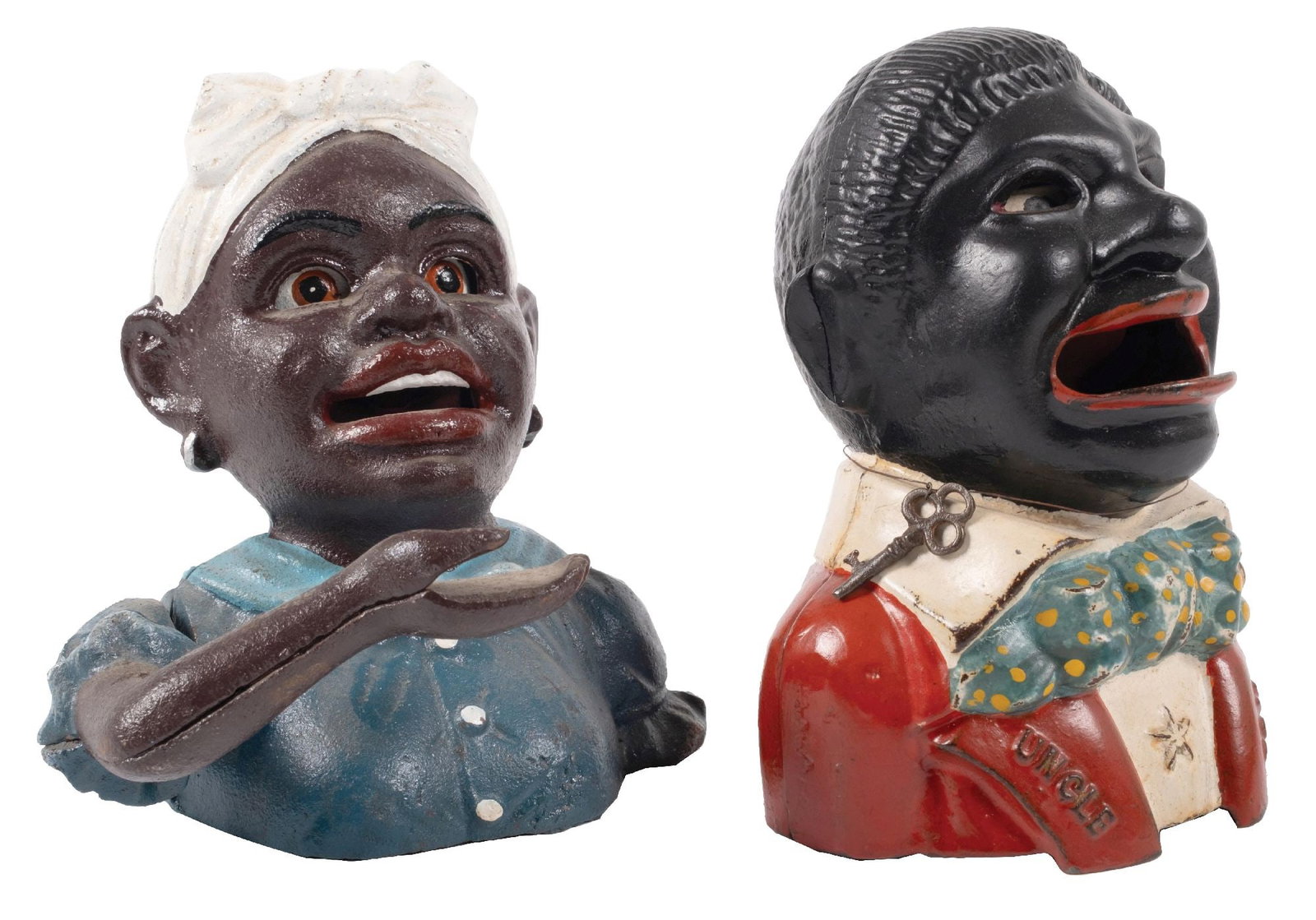 PAIR OF CAST IRON BLACK AMERICANA BANKS: Later 20th century castings of Black Americana banks. CONDITION: Showing original paint, with some areas of missing paint. No breaks, cracks, or repairs. Condition: (Very Good). Dimensions: LARGEST: 5