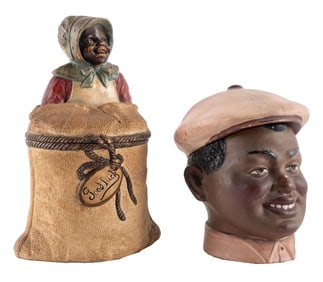 PAIR OF BLACK AMERICANA TOBACCO CANISTERS