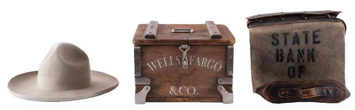 COLLECTION OF 3 WOODEN WELLS FARGO & CO. SAFE AND STETSON WESTERN HAT AND BANK BAG