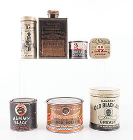 COLLECTION OF 7 HOUSEHOLD PRODUCTS MEMORABILIA: CONDITION: (A) Black Joe Axle Grease. (B) Potters White Hands Hand Cleanser. (C) Varnish Floor Polish. (D) Enamel Paint. (E) Typewriter ribbon tin. Condition: (Good - Excellent). Dimensions: LARGEST: