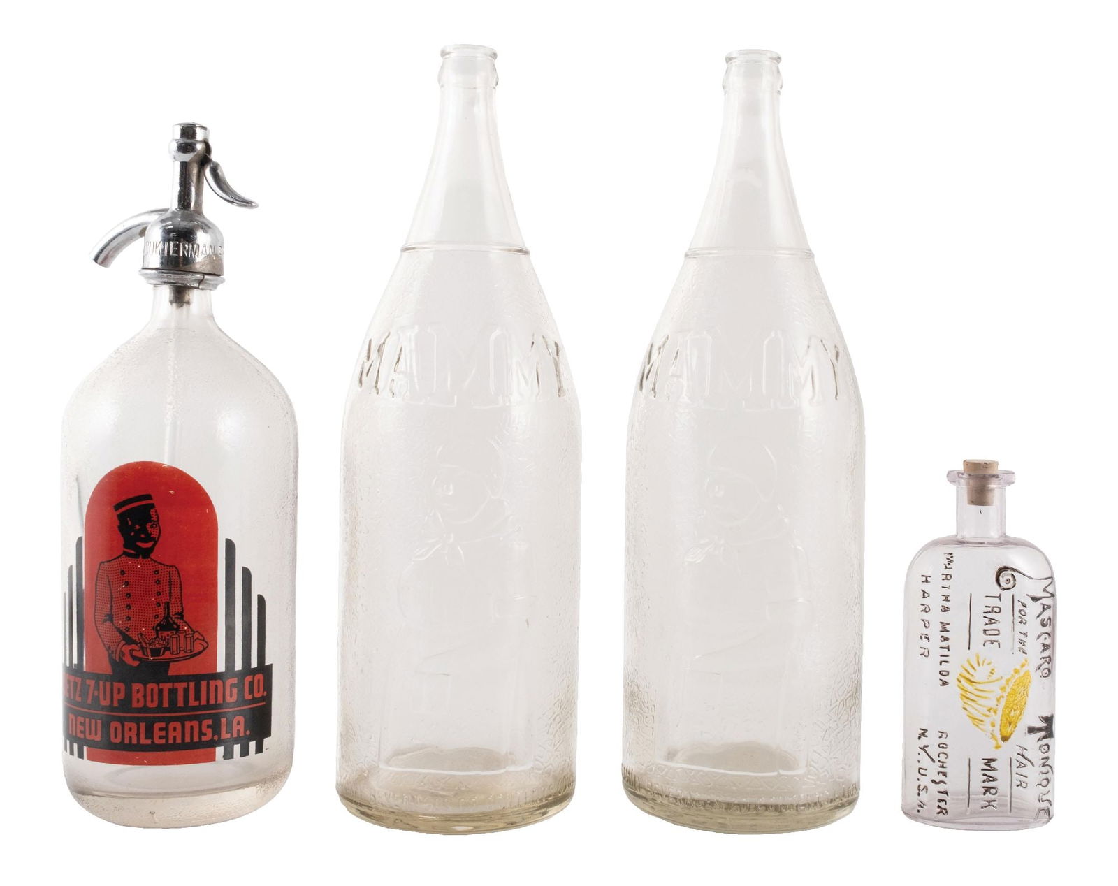 COLLECTION OF 4 BLACK AMERICANA BOTTLES: CONDITION: (A) A Zetz 7UP Bottling Company out of New Orleans, with an Art Deco label. It has the correct soda fountain pump spigot on top, showing no breaks or cracks. (B) A pair of Mammy soda bottle