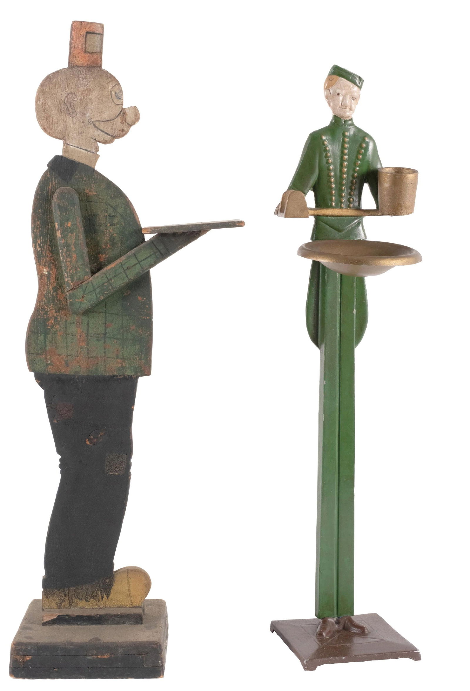 PAIR OF FLOOR CIGAR STANDS: CONDITION: (A) A bellhop cigar stand in new paint. It shows some light areas of wear, no back panels, and has the ashtray, cigar holder, and match holder. (7.0). (B) A Happy Hooligan wooden box cigar 