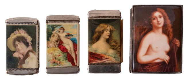 COLLECTION OF 4 ADVERTISING MATCH SAFES WITH WOMAN ON FRONTS