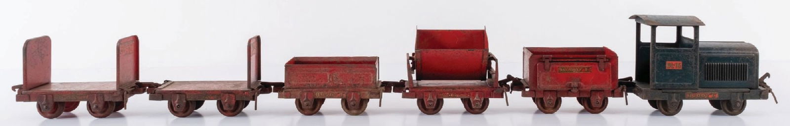 TIN PULL TOY TRAIN SET: This train set was made by Buddy L, it could either be on a track or pulled as pull toy. It shows all original paint, with oxidized paint finishes, scuffs, scrapes, and surface rust on all pieces. Som