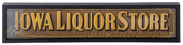 REVERSE PAINTED GLASS SIGN FOR IOWA LIQUOR STORE