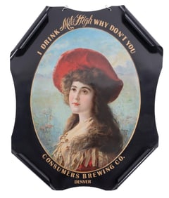 MILE HIGH CONSUMERS BREWING CO. WOMAN WITH RED HAT SIGN