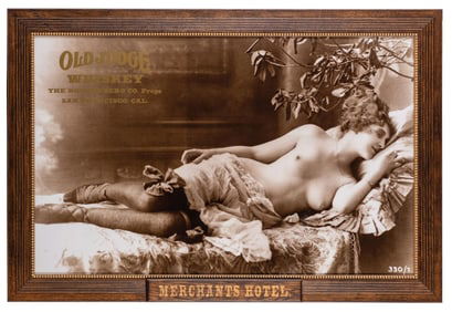 OLD JUDGE WHISKEY FRAMED SALOON PRINT OF A RECLINING NUDE WOMAN