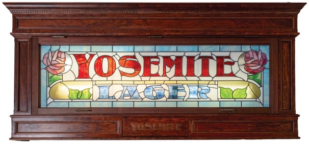 CUSTOM MADE LIGHED FRAME WITH ORIGINAL YOSEMITE LAGER GLASS BEER SIGN