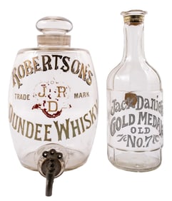COLLECTION OF 2 CLEAR GLASS ROBERTSON'S WHISKEY DISPENSER AND JACK DANIELS BOTTLE
