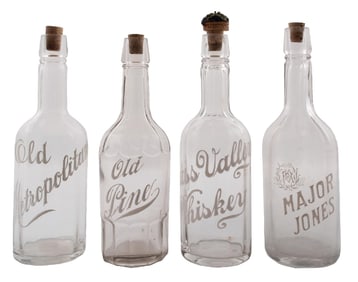 COLLECTION OF 4 VINTAGE CLEAR ALCOHOL BOTTLES WITH CORKS