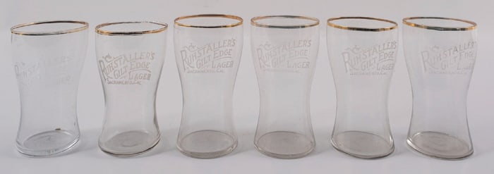 COLLECTION OF 6 RUHSTALLER'S GOLD EDGE LAGER BEER GLASSES