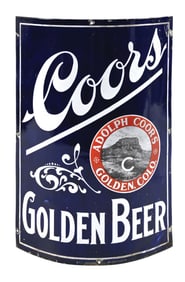 ADOLPH COORS BREWING CO. COORS GOLDEN BEER PORCELAIN CORNER SIGN