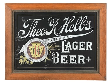 THEO. R. HELB'S LAGER BEER REVERSE GLASS SIGN