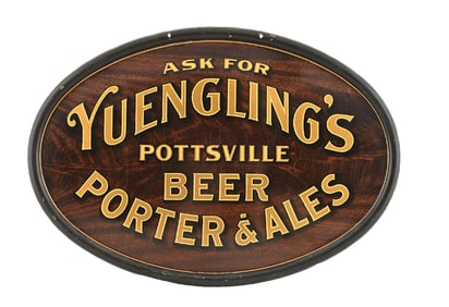 YUENGLING'S BEER, PORTER, AND ALES WOOD GRAIN TIN LITHOGRAPH HANGING SIGN